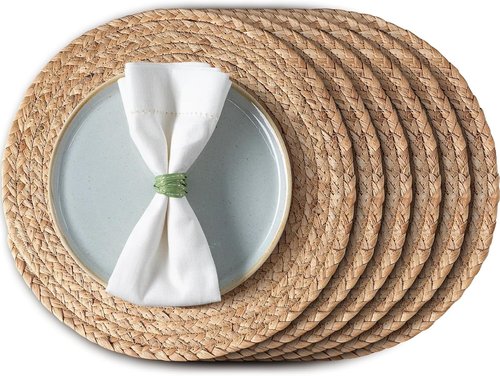 Aofmee Round Woven Placemats Set of 6 - Boho Rattan Table Mats | Natural Water Hyacinth Decor