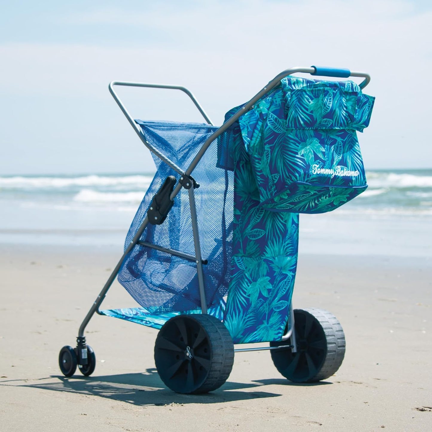 Tommy Bahama Beach Cart - Deluxe Folding Caddy for Towels & Accessories | Holds 48-Quart Cooler & 4 Chairs, Blue