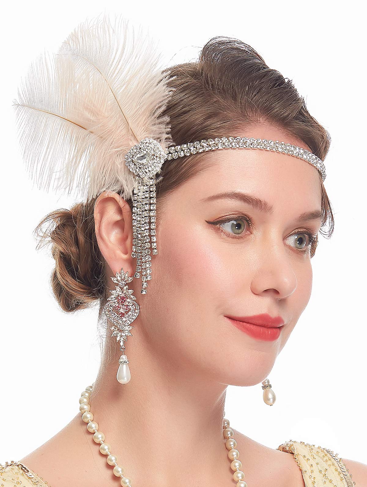 Cizoe 1920s Feather Flapper Headband Roaring 20s Headpiece Great Gatsby Hair Accessories for Women(A-nude)