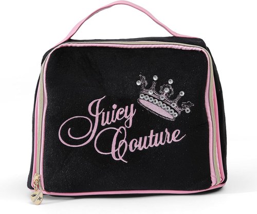 Juicy Couture Black Makeup Bag - Vintage Velour Organizer with Rhinestone Crown for Travel Essentials