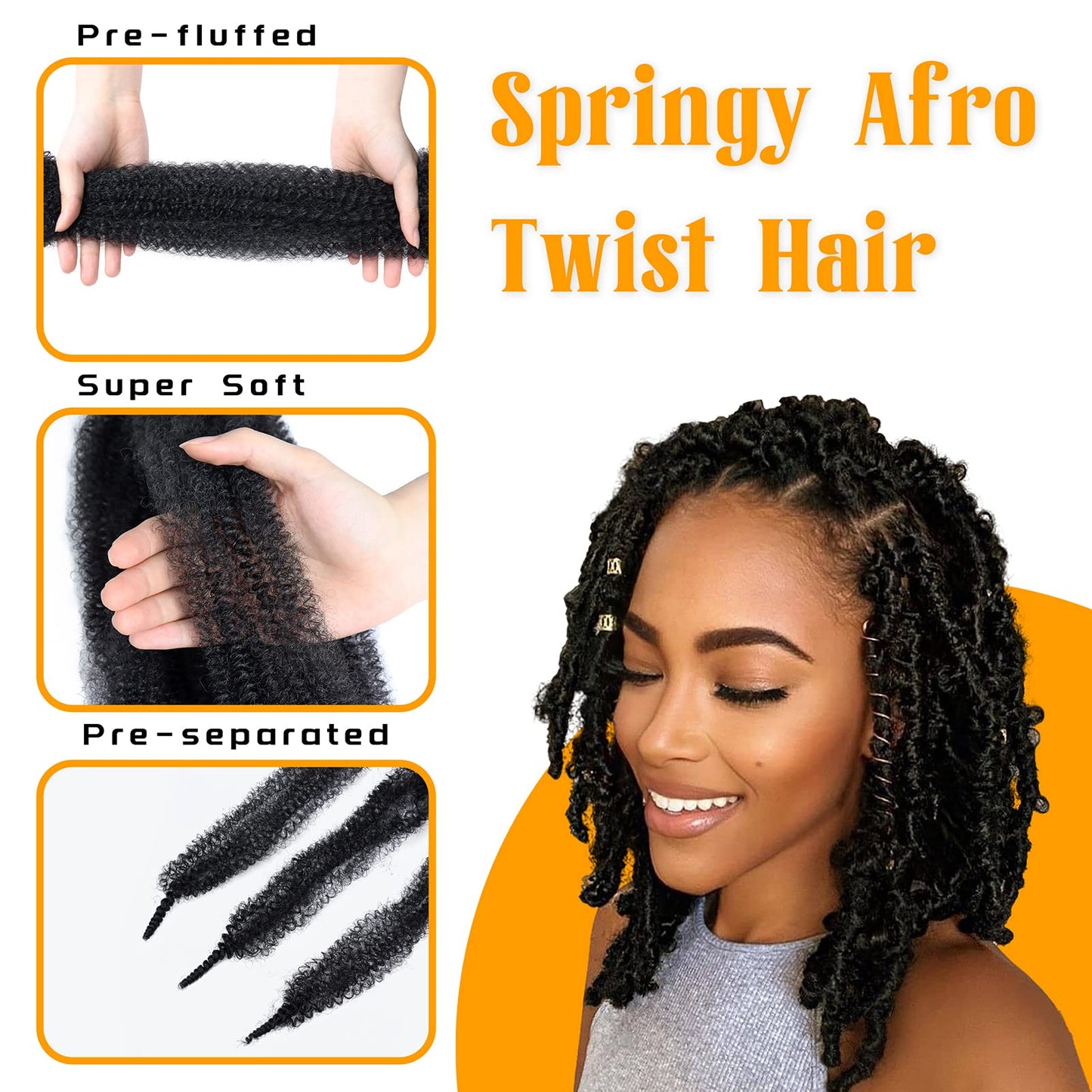 Marley Twist Braiding Hair 10 inch 3 Packs Pre Separated Springy Afro Twist Hair for Soft Locs Pre Fluffed Spring Twist Hair Synthetic Cuban Twist Hair Extensions(10 Inch, 1B)