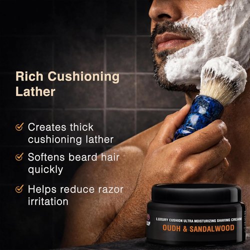 Pink Woolf Premium Shaving Cream for Men - Oudh & Sandalwood - Rich Lather for Smooth Shave - 3.5 oz