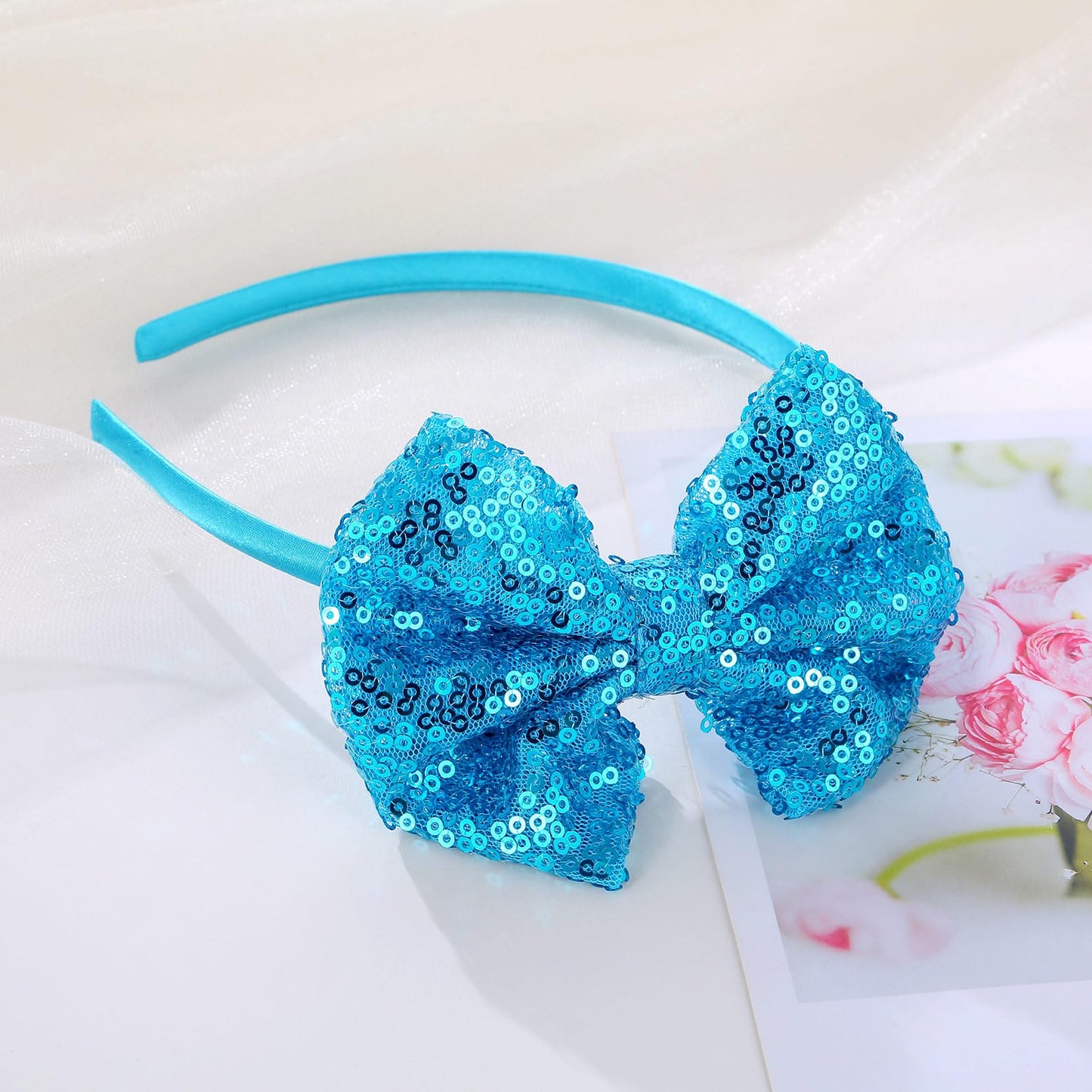 Kiszu Sparkly Sequin Hair Bow Headbands Fashion Glitter Cute Boutique Ribbon Bows for Girls, Kids, and Women (Blue)