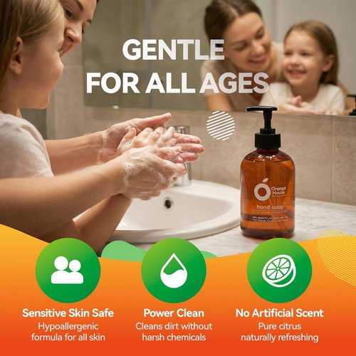Orange House Natural Liquid Hand Soap - Moisturizing Formula with Food-Grade Orange Oil | 12 Fl Oz