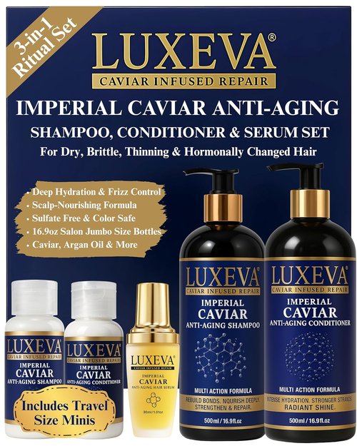 LUXEVA 3-in-1 Imperial Caviar Shampoo & Conditioner Set - Hydrating Bond Repair for Dry, Damaged Hair | 90-Day Supply