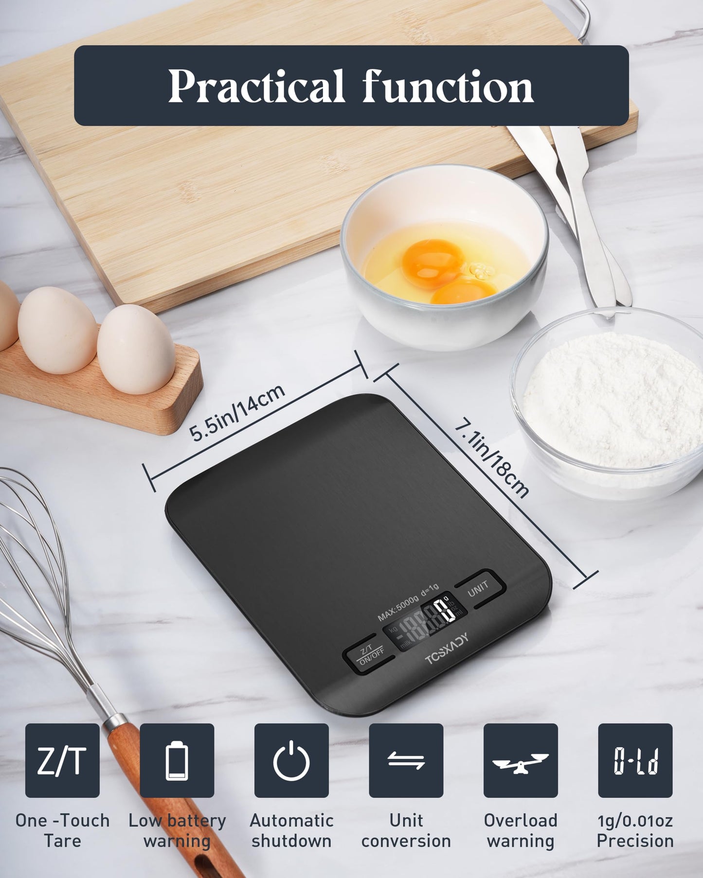 Food Scale, 11lb Digital Kitchen Scale with 6 Units LCD Display and Tare Function,Compact Design for Baking,Healthy Cooking,Meal Prep, 304 Stainless Steel