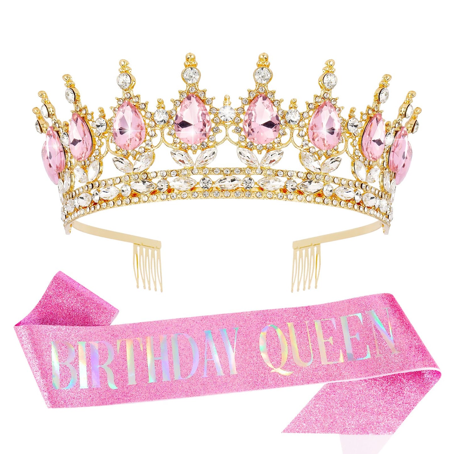 Vovii Birthday Crown & Sash Set for Women, Pink Rhinestone Tiara & Birthday Queen Sash for Women Birthday Decorations, Happy Birthday Party Decorations for Birthday Crown Adult Woman