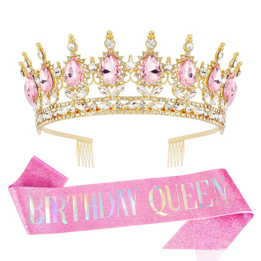 Vovii Birthday Crown & Sash Set for Women, Pink Rhinestone Tiara & Birthday Queen Sash for Women Birthday Decorations, Happy Birthday Party Decorations for Birthday Crown Adult Woman