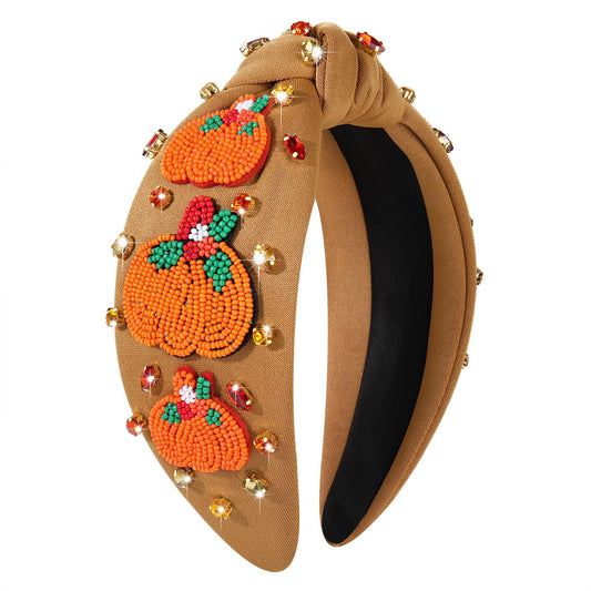 CEALXHENY Thanksgiving Headband for Women Fall Accessories Beaded Pumpkin Headband Jeweled Rhinestone Crystal Knotted Headband Thanksgiving Fall Hair Accessory Gifts (Pumpkin 3 - Brown)