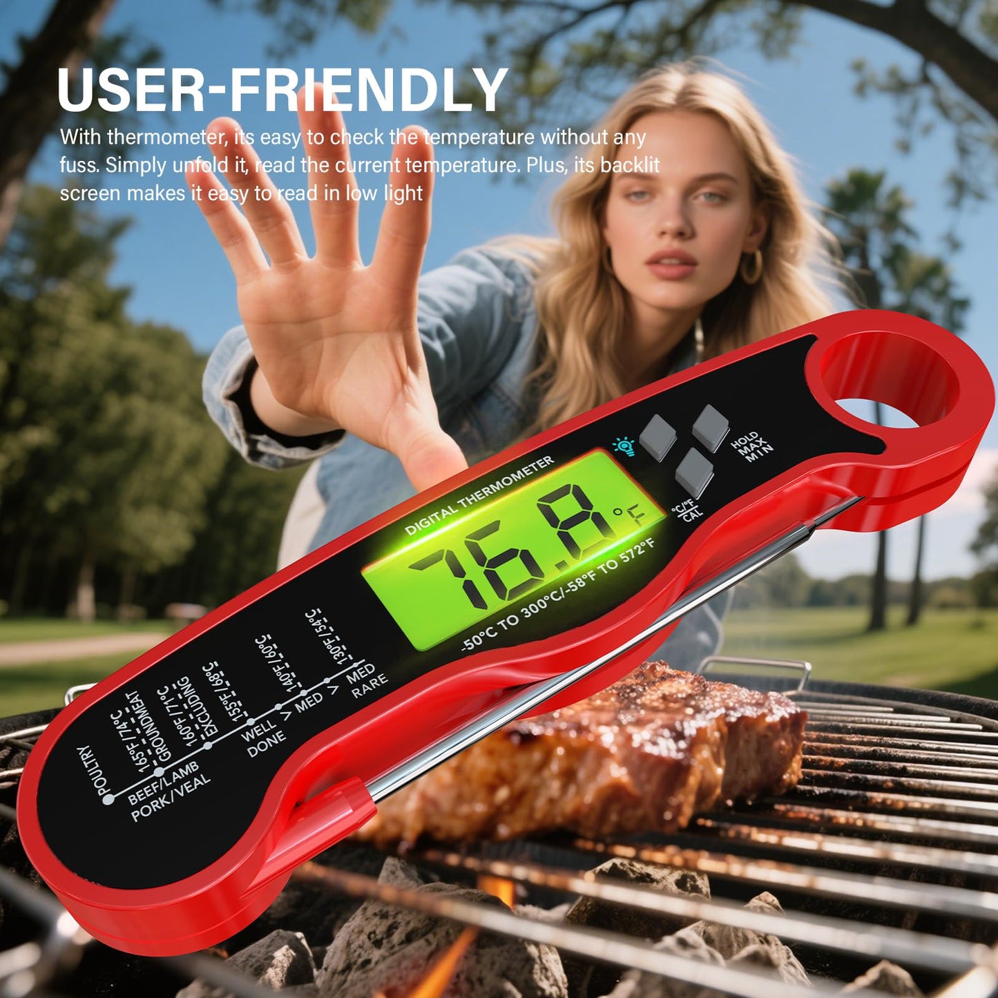 Fast Instant Read Meat Thermometer with Backlight - Waterproof Digital Food Probe for Grilling, Cooking, Baking & Candy Making - Kitchen & BBQ Essential(Black)