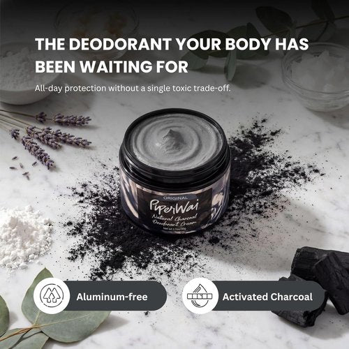 PiperWai Natural Deodorant Cream - Aluminum Free, Activated Charcoal & Magnesium | 1.7oz Scented Jar 2-Pack