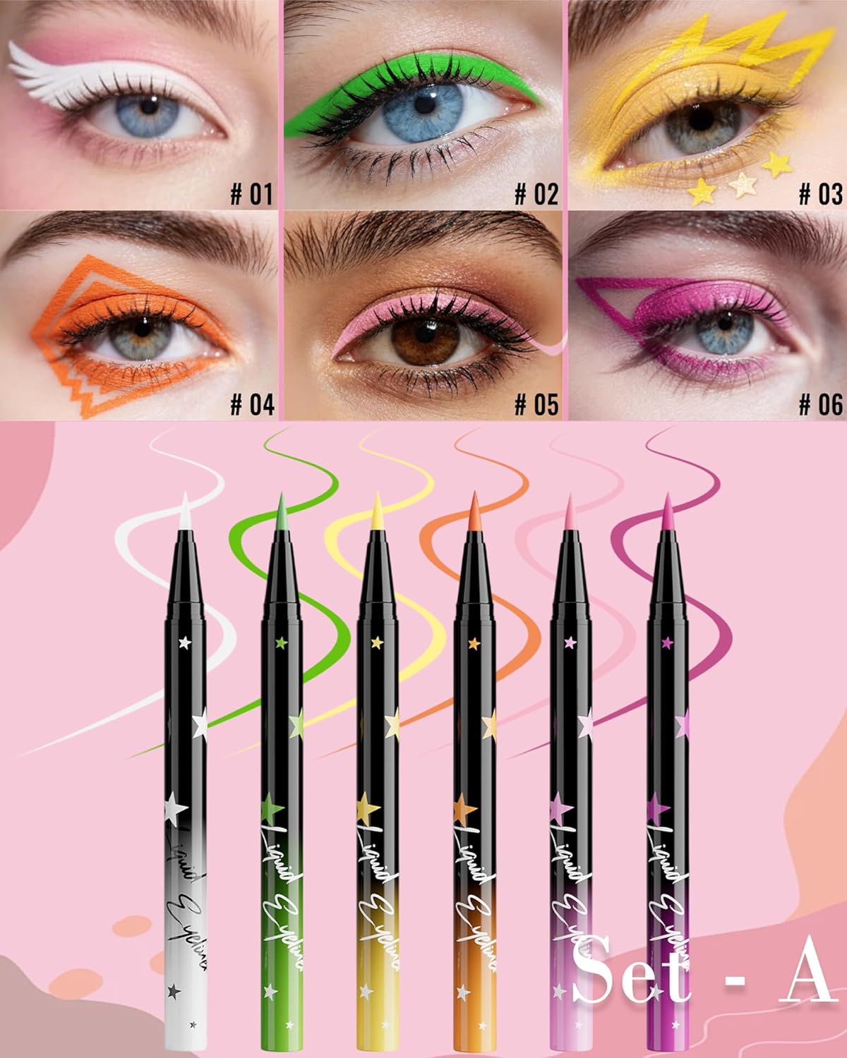 Skiennix Colored Liquid Eyeliner Pen Set - Waterproof Matte Eye Liner | 6 High Pigmented Shades