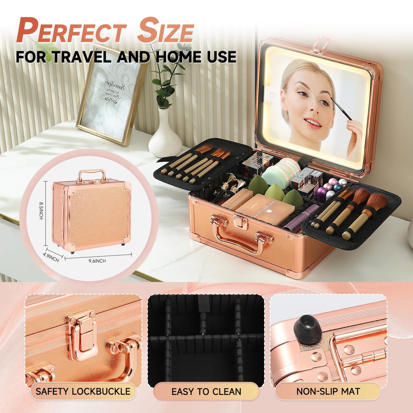 Leeora&Leekoo Makeup Box with LED Mirror & Aluminum Frame, Compact Multi-Layer Cosmetic Organizer - Portable ABS Travel Train Case for Makeup Storage(Gift for Girlfriend/Daughter) (Gold)