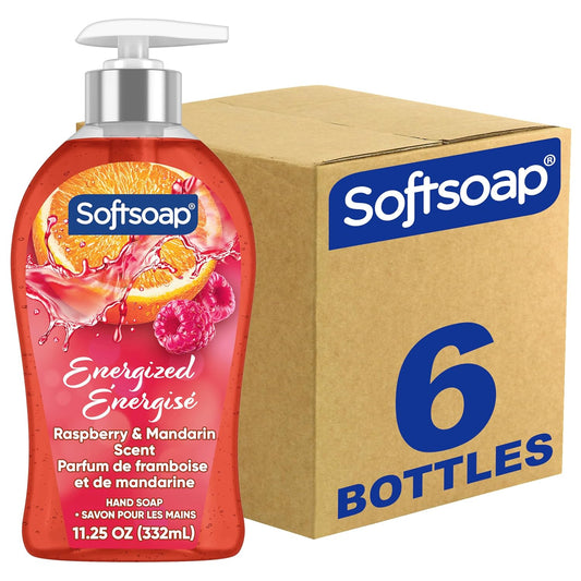 Softsoap Energized Liquid Hand Soap - Paraben Free, pH Balanced, Raspberry & Mandarin Scent | 11.25 fl oz Pump Bottle, 6 Pack
