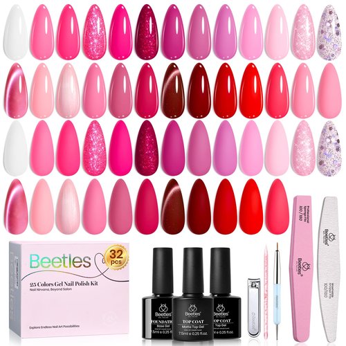 Beetles Pink Gel Polish Set - Love's Prism 25 Color Pink Gel Polish Set with Nail Tools, White Red Glitter Pearl Spring Nail Gel, Salon DIY Soak Off UV Nail Lamp Easter Gifts for Women