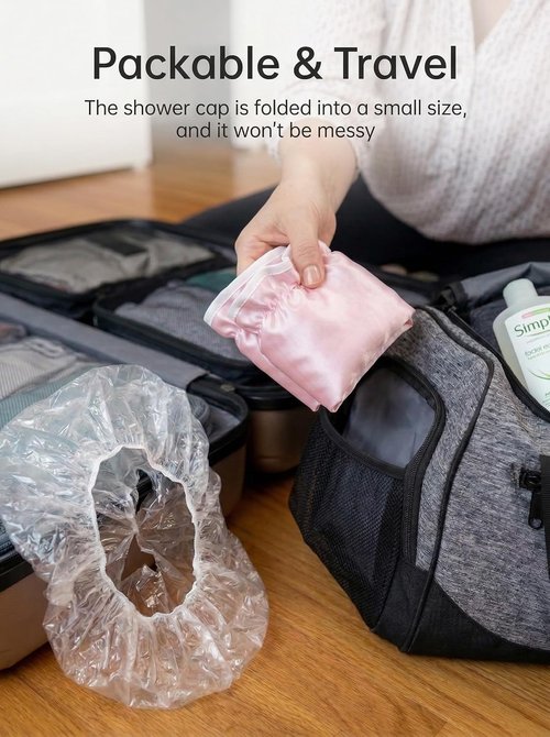 Aquior Waterproof Shower Caps for Women - Reusable Hair Cap with Soft Elastic | Large Pink Design for Long Hair