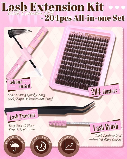 Winifred Brown Lash Clusters Kit Wispy Cluster Eyelash extensions Volume Lash Extension Kit Spiky Individual Lashes C Curve Eyelash Clusters 204pcs DIY 12-18mm Lashes Extension with Lash Glue