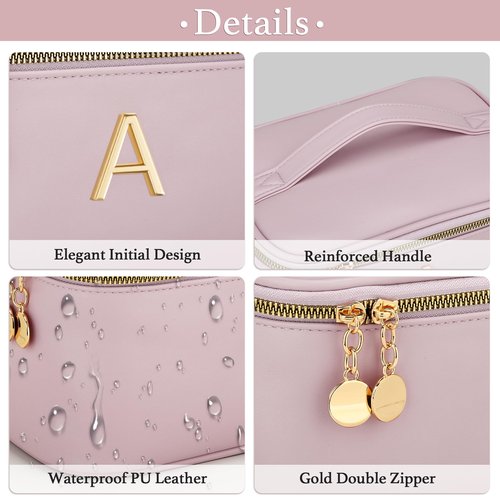 CLOUDWINGS Personalized Initial Makeup Bag Gifts for Women, Large Travel Cosmetic Organizer with Handle & Divider, PU Leather Toiletry Bag for Girls, Birthday Bridesmaid Gift Set - Pink - A