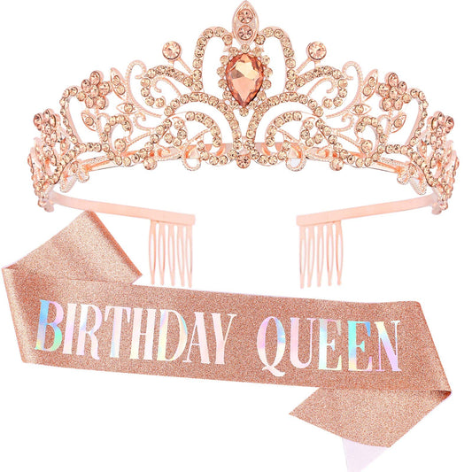 "Birthday Queen" Sash & Crystal Tiara Kit COCIDE Birthday Silver Tiara and Crowns for Women Birthday Sash for Girls Birthday Decorations Set Rhinestone Headband Hair Accessories Glitter Sash for Party (Champagne Tiara + Champagne Sash)