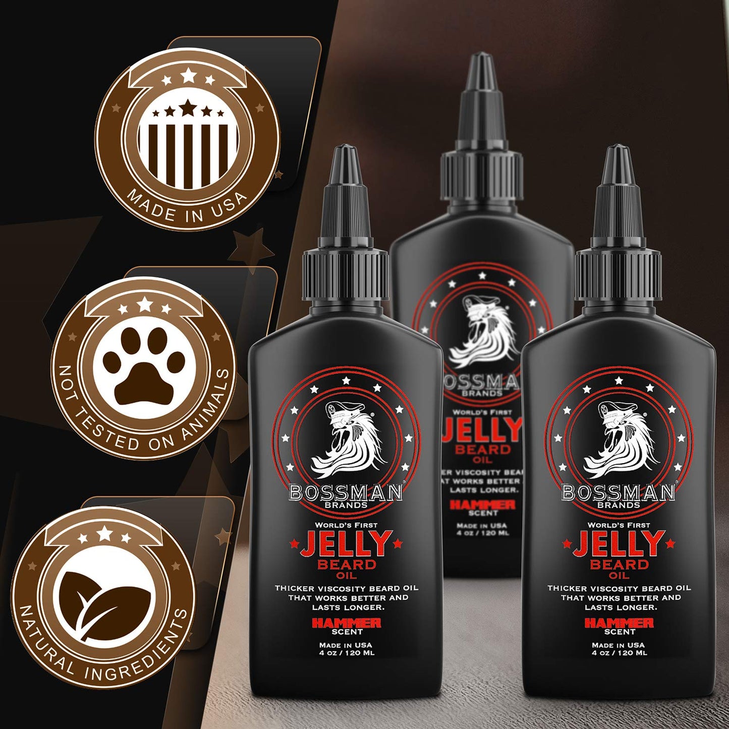 Bossman Jelly Beard Oil for Men - 3 Pack (12 oz in Total, Hammer Scent) – Softens, Moisturizes & Conditions with Natural Ingredients
