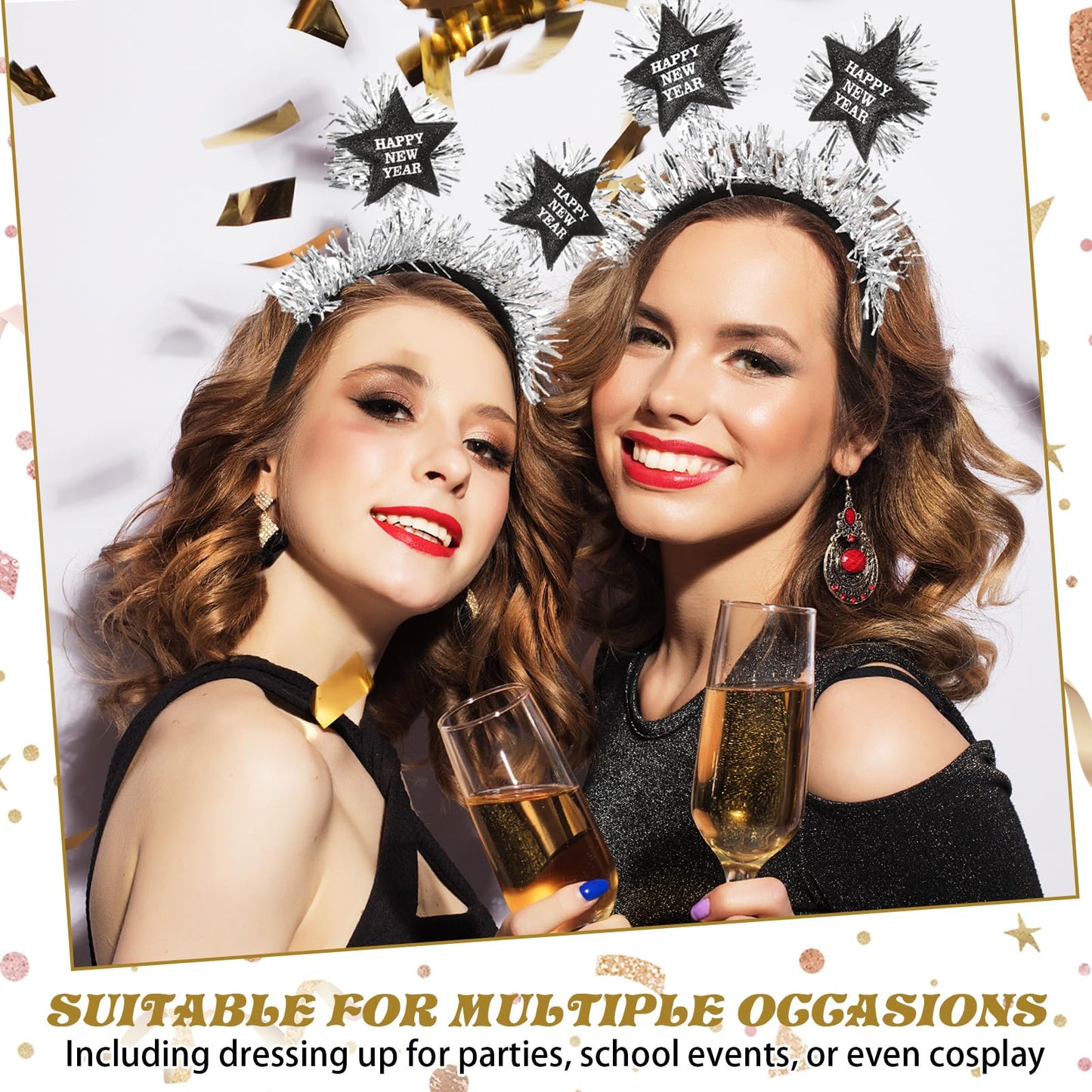 Yuxung 12 Pcs Happy New Year Headband with Star Flashing Headband 2024 New Year Eve Hair Hoop Headdress Hair Accessories Silver Wire Adult Kids Holiday Party Supplies Favors