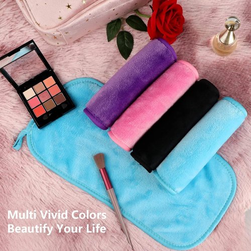 Orighty Makeup Remover Cloths - Reusable Microfiber Facial Cleansing Towels | Effortlessly Remove Makeup with Water, 15.5 x 7.5 in, Blue/Purple/Black/Pink