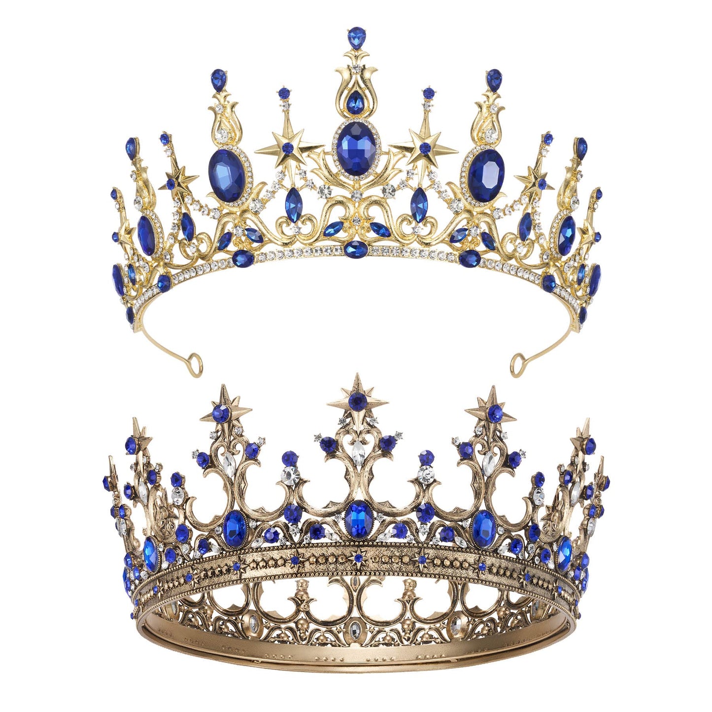 SWEETV Couple Crowns for Women & Men,Crystal Queen Tiara King Crown Set,2-Pack Gold Blue Medieval Hair Accessories for Prom Wedding Photo Shoot Birthday