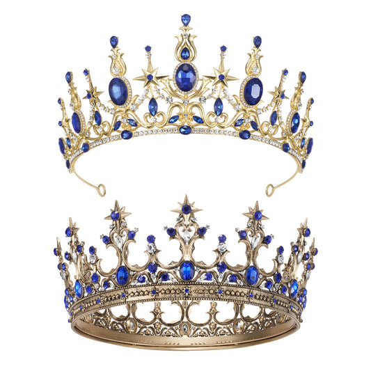 SWEETV Couple Crowns for Women & Men,Crystal Queen Tiara King Crown Set,2-Pack Gold Blue Medieval Hair Accessories for Prom Wedding Photo Shoot Birthday