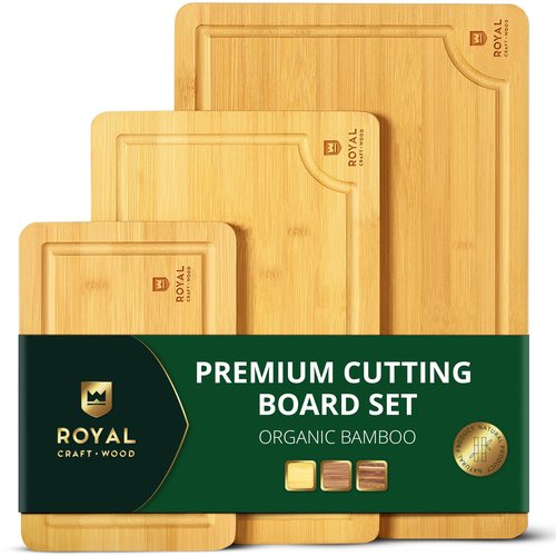 ROYAL CRAFT WOOD Acacia Wood Cutting Boards Set of 3 – Premium Wooden Cutting Boards for Kitchen Meal Prep & Serving - Charcuterie & Chopping Butcher Block for Meat with Deep Juice Groove Side Handles