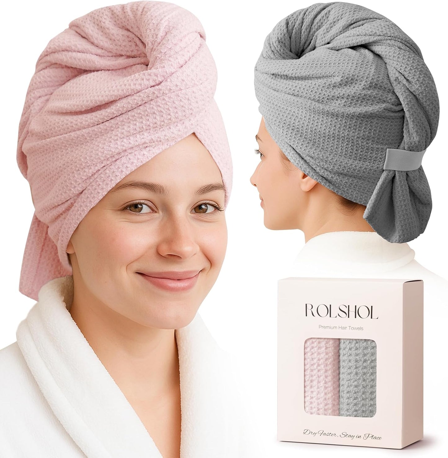 Skiennix Microfiber Hair Towel Wrap - Anti-Frizz Waffle Weave for Curly & Thick Hair | 32" x 11" (Pink & Grey)