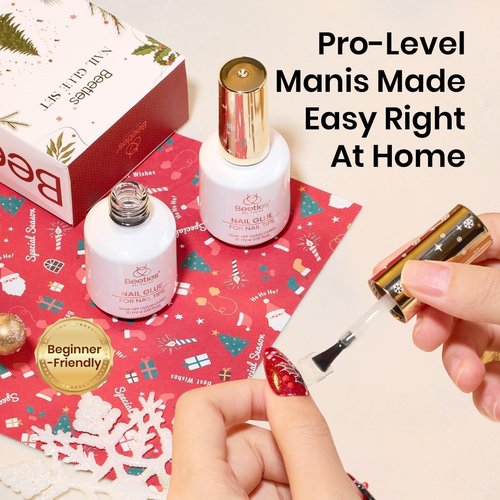 Beetles 2Pcs 15ml Gel Nail Glue, 9 In 1 UV Nail Glue for Acrylic Nail Tips, Super Strong Brush for Base Coat, Gift for Women, UV LED Light Required