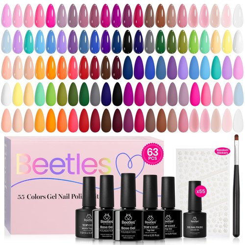 Beetles Spring Gel Nail Polish Set - Vibrarnt Holiday 55 Colors Gel Polish Kit with 5 Pcs Base Glossy Matte Top Coat UV LED Soak off Nail Polish Red Brown Pink Green Blue Easter Gifts for Women