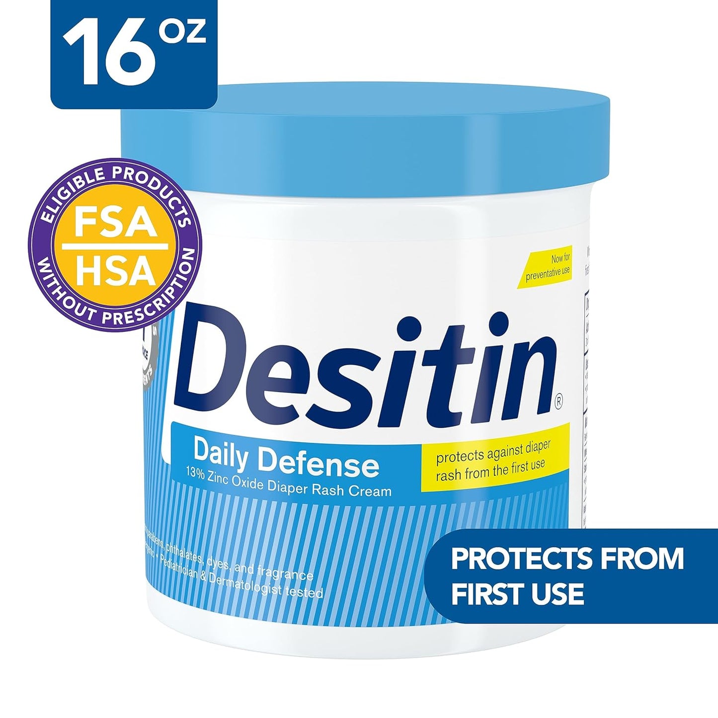 Desitin Daily Defense Diaper Rash Cream - 13% Zinc Oxide, Hypoallergenic & Paraben-Free, 16 oz
