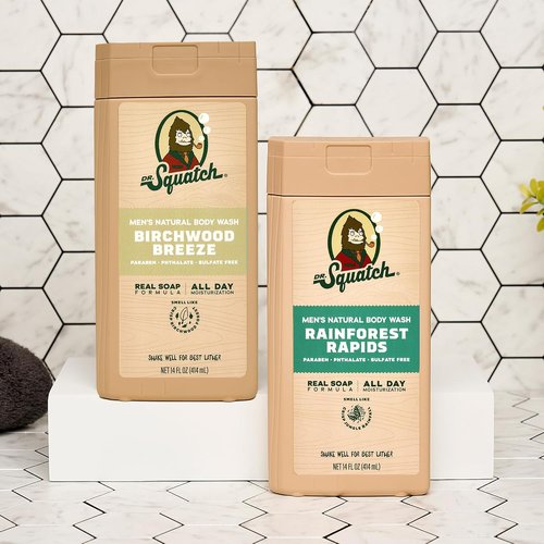 Dr. Squatch Natural Men's Body Wash - Nourishing & Moisturizing Shower Gel | Birchwood Breeze & Rainforest Rapids (14 oz, 2-Pack)