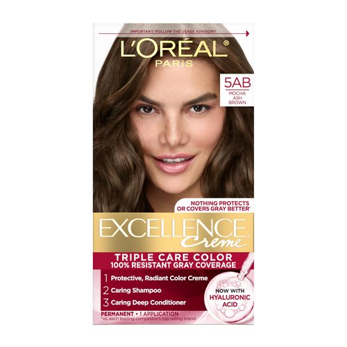L'Oreal Paris Excellence Crème Permanent Hair Dye, Triple Care Hair Color with Hyaluronic Acid for 100% Gray Coverage, 5AB Mocha Ash Brown, 1 Kit (Packaging May Vary)