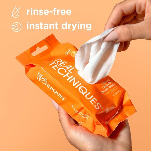 Real Techniques Miracle Quick Dry Brush Wipes - Fast-Drying Makeup Brush Cleaner, 20 Count | Travel-Friendly & Vegan