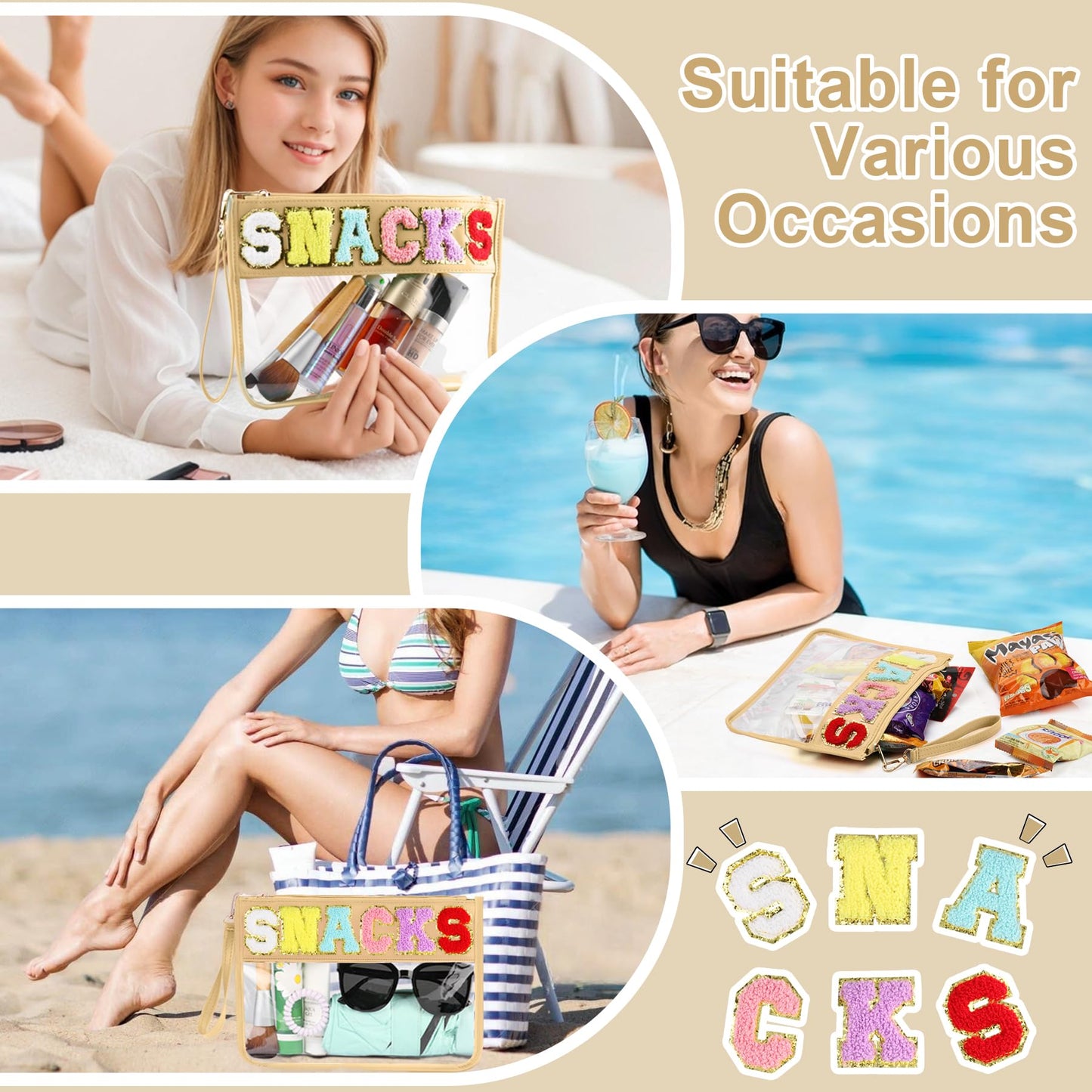 Snack Bag for Travel - Clear Chenille Varsity Letter Flat Pouch with Zipper, Waterproof Clear PVC&PU Preppy Patch Makeup Cosmetic tote Bags for Women Girls (Beige-Snacks)