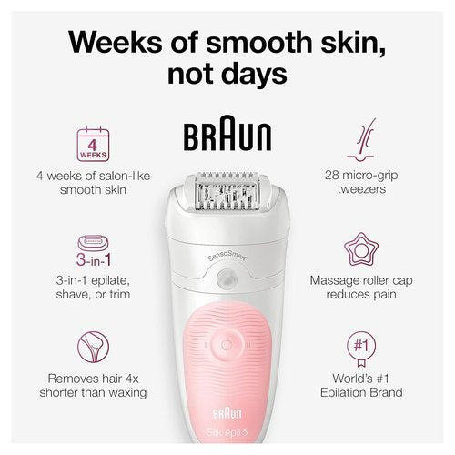 Braun Silk-épil 5 Epilator - Cordless Hair Removal Device with Shaver & Trimmer | 6-Piece Set