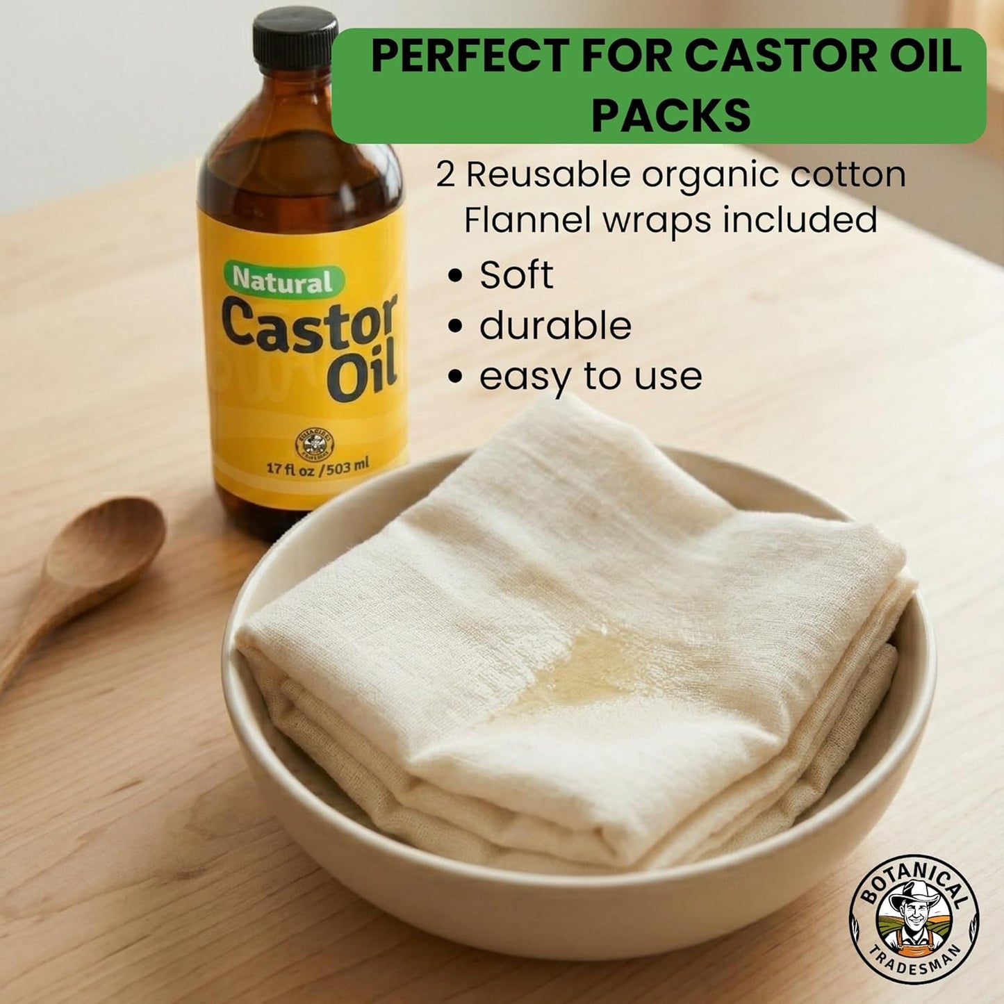 Skiennix Organic Castor Oil Kit - 100% Pure Cold Pressed, Hexane Free | 17oz Glass Bottle with 2 Reusable Cotton Flannel Wraps & Mascara Wand for Eyelashes, Eyebrows, Skin Care