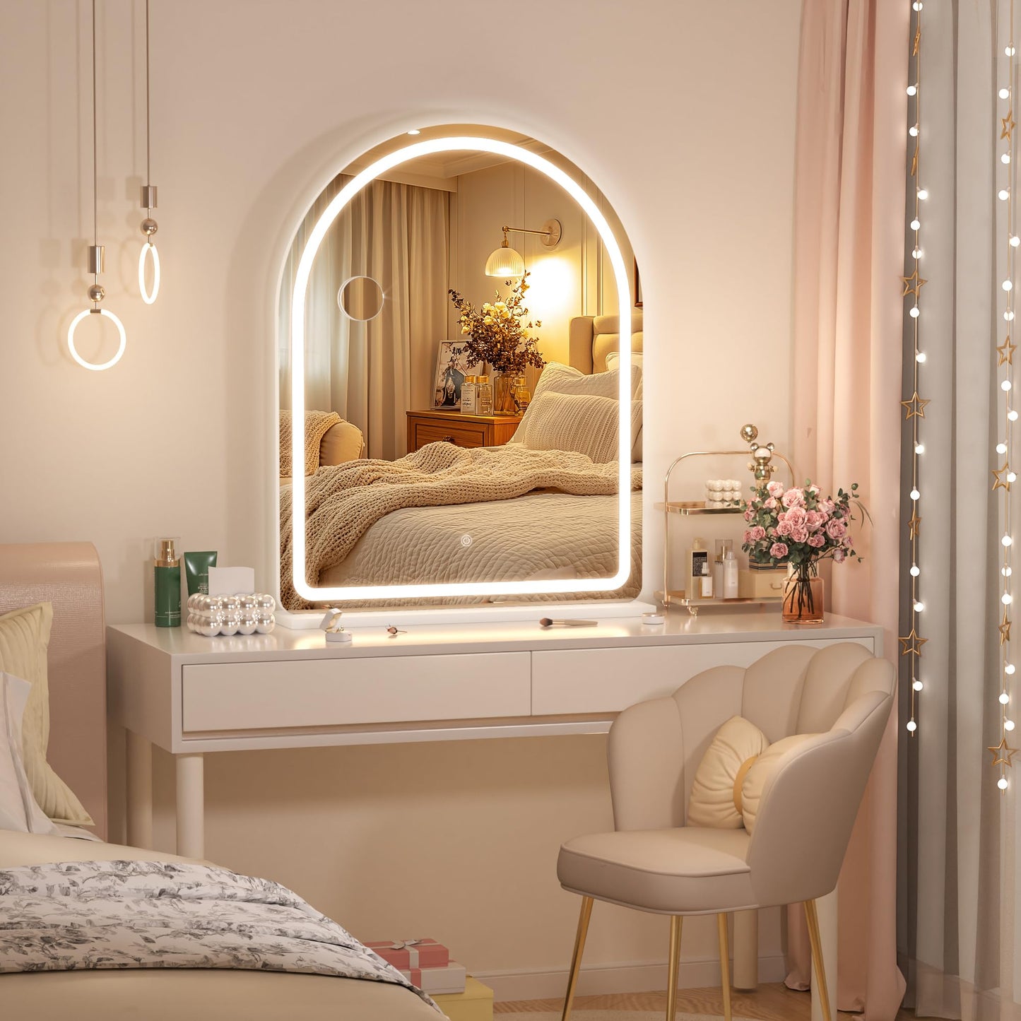 Hasipu Vanity Mirror with Lights, 26"× 30" Arched LED Makeup Mirror, Lighted Desktop Makeup Mirror with Lights, Smart Touch Control Dimmable 3 Modes Light White