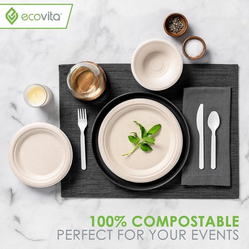 Ecovita 100% Compostable Paper Plates - 9-Inch Eco-Friendly, Sturdy & Heat Resistant | 150 Count