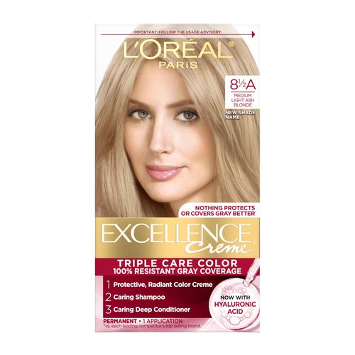 L'Oreal Paris Excellence Crème Permanent Hair Dye, Triple Care Hair Color with Hyaluronic Acid for 100% Gray Coverage, 8.5A Medium Light Ash Blonde, 1 Kit (Packaging May Vary)