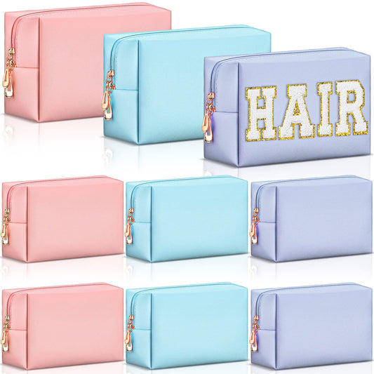 Sanwuta 9 Pcs Preppy Makeup Bag PU Leather Cosmetic Bag Makeup Pouch Plain Cosmetic Pouch Waterproof Toiletry Bags for Traveling Preppy Travel Purse Cosmetic Organizer(Pink, Blue, Purple)