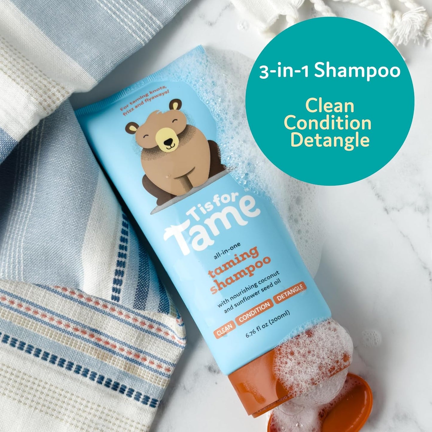 T Is For Tame - 3-in-1 Tear-Free Baby Shampoo, Conditioner & Detangler | Hypoallergenic, Plant-Based - 6.76 fl oz