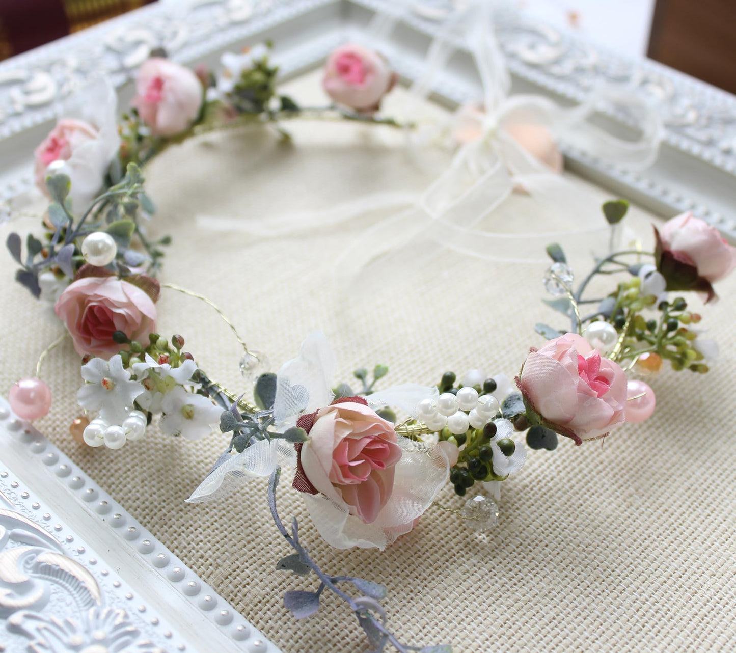 Trepveter Pearl Flower Crown Floral Garland Headband Flower Halo Headpiece Hair Wreath Cosplay Halloween Wedding Bridal Photo Props Renaissance Party Prom Pink