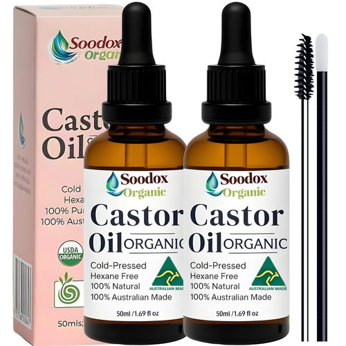 Soodox Certified Organic Castor Oil 2 Pack, 2 x 1.69 Fl Oz, 100% Pure, Cold Pressed, Hexane Free, for Hair, Scalp, Eyelashes, Eyebrows, Face & Skin, Dropper & Brushes Included, Australian Made & Owned