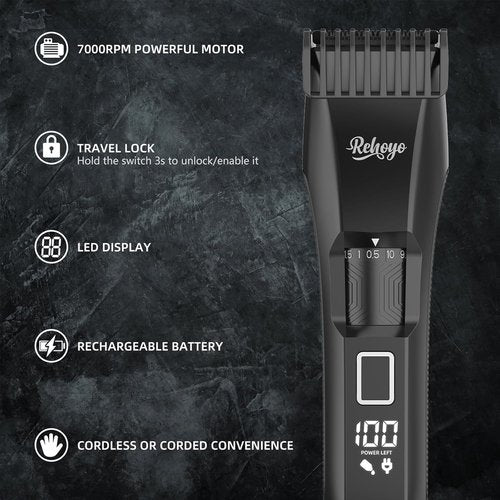 REHOYO Beard Trimmer for Men - Professional Cordless Hair Clippers with 20-Length Dial | Waterproof Stainless Steel Blades, Black