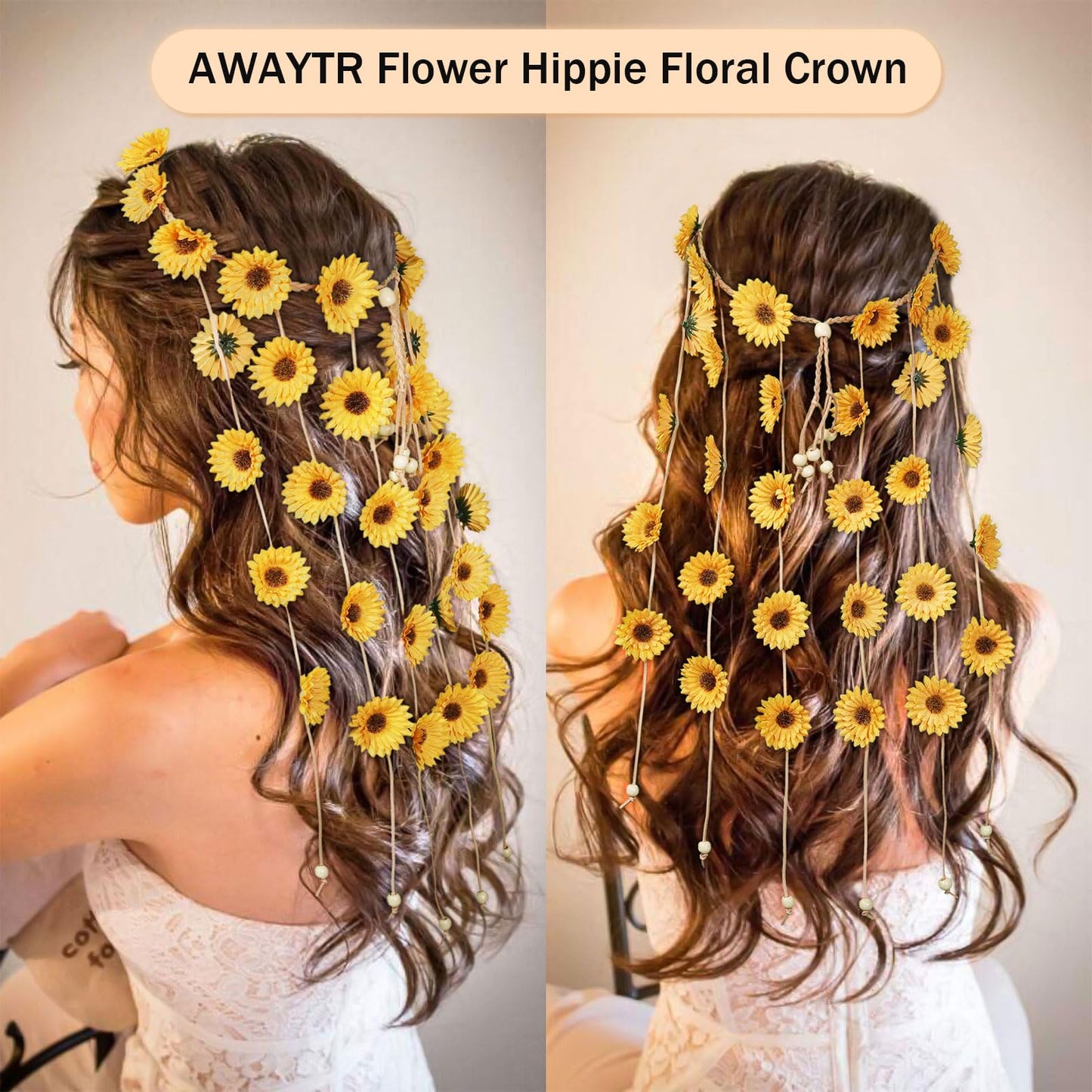 AWAYTR Flower Hippie Floral Crown - Yellow (Adult) - Hairband for Women, Sunflower Headband for Hippie Costume and Hair Accessories, ONE SIZE, HAIRBAND