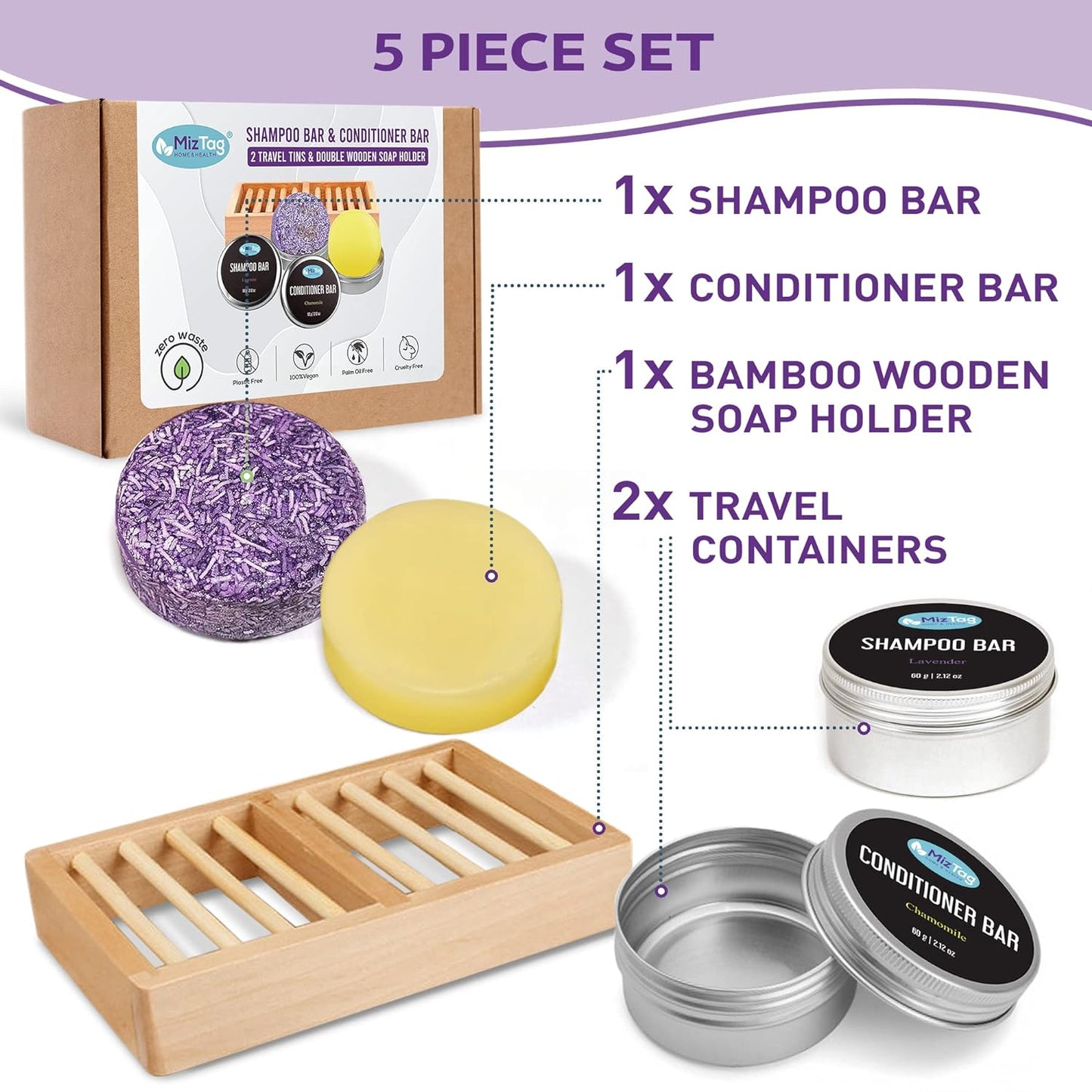 Solid shampoo and conditioner bar set - 5pcs with Vegan Shampoo and Conditioner Bar Set with Holder & Travel Tins - Paraben-free - Eco Friendly