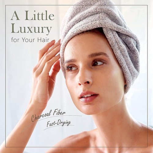 myHomeBody Hair Towel Wrap - Luxury Quick-Drying Turban, Ultra-Soft Charcoal Fiber Cap - Gray